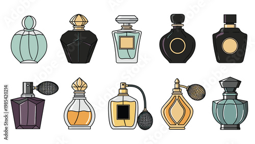 Elegant perfume bottle collection features ten different glass container designs with various caps and atomizer pumps for luxury fragrances.