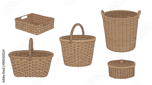 Woven wicker storage basket set presents five different styles of traditional containers with lids and handles for household organization.