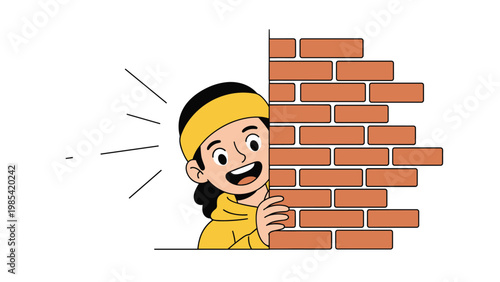 Cheerful young girl with a yellow headband and hoodie peeks from behind a red brick wall with a bright and happy smile on a white background.