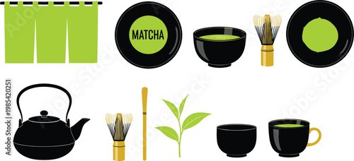 Matcha Tea Vector Set with Traditional Japanese Teapot, Tea Bowls, Bamboo Whisk, Powder, and Green Tea Elements for Organic Beverage Design