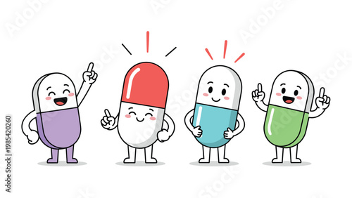 Cute pill capsule character set showcases various medicine supplements with happy faces and positive gestures for healthcare.