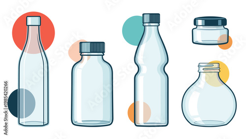 Transparent glass bottle and jar set featuring different shapes with decorative colored circular accents for product display.