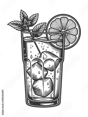 refreshing cold beverage with ice cubes, lemon slice, and mint leaves, symbolizing summer drinks and freshness sketch engraving generative ai vector illustration. Scratch board. Black and white image.