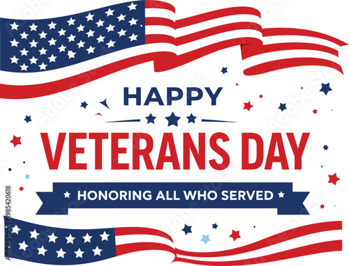 Happy veterans day - honoring all who served - american flag banner with military