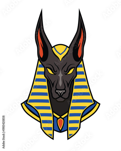 Flat vector illustration of Anubis, the ancient Egyptian god of the dead, depicted as a black jackal with yellow eyes and a gold-blue pharaoh headdress. The design features clean lines, bold colors, a