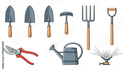 Essential gardening tool collection includes shovels, fork, trowel, watering can, and a water sprinkler for garden care.