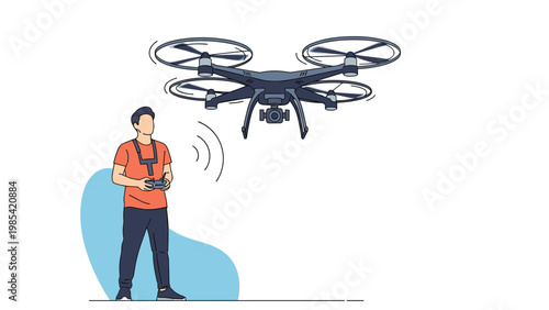 Drone pilot operating a large quadcopter in flight with a remote control unit and wireless signal icons for technology.