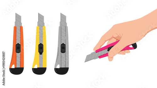Utility knife and box cutter set in several colors shown being used by a human hand for industrial work and packaging.