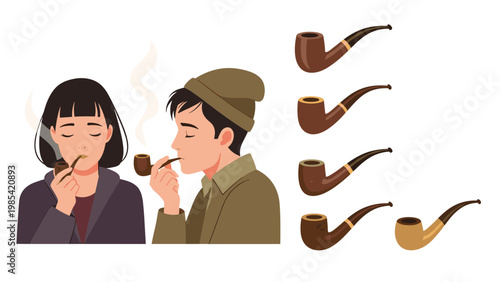 People smoking classic wooden pipes alongside a collection of different tobacco pipe designs and shapes for lifestyle.