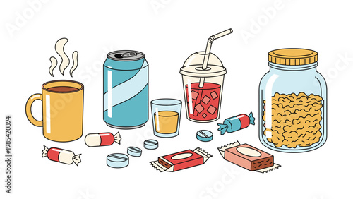 Assorted beverages and snacks including coffee, soda, juice, candies, and various pharmaceutical pills for lifestyle.