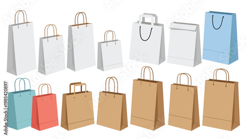 Diverse shopping bag collection in various sizes and colors with different handle types for retail use and marketing.