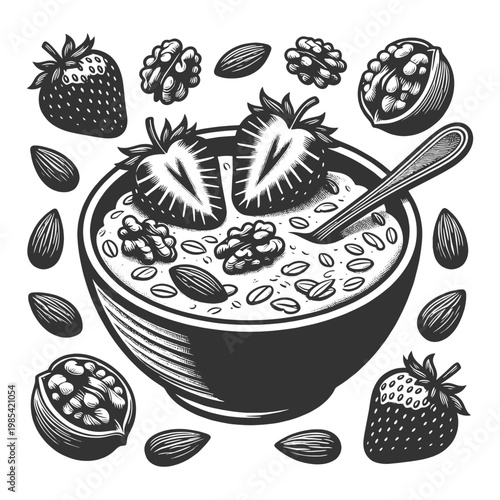 nutritious oatmeal bowl topped with strawberries, almonds, and walnuts, healthy breakfast and balanced diet sketch engraving generative ai vector illustration. Scratch board. Black and white.