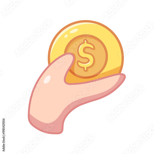 Hand holding coin in kawaii cartoon style. Perfect for payment concepts, kids games, or financial literacy. Isolated vector icon