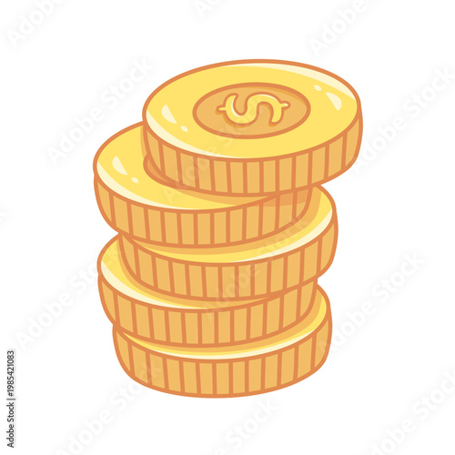 Stack of coins in a cute cartoon style with outline. Ideal for finance apps, kids games, or money themes. Isolated on white background