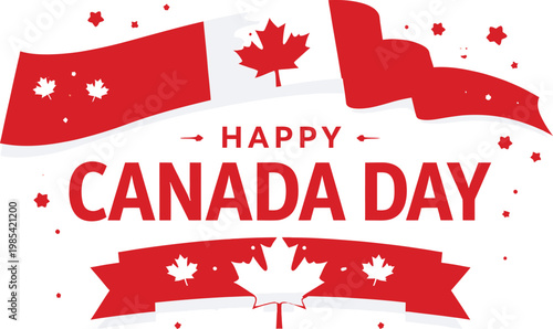 Happy canada day celebration with canadian flag waving and maple leaves, national
