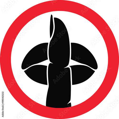 Quiet please symbol featuring a finger on lips gesture a black silhouette in a red circle perfect for no talking signs or privacy concepts