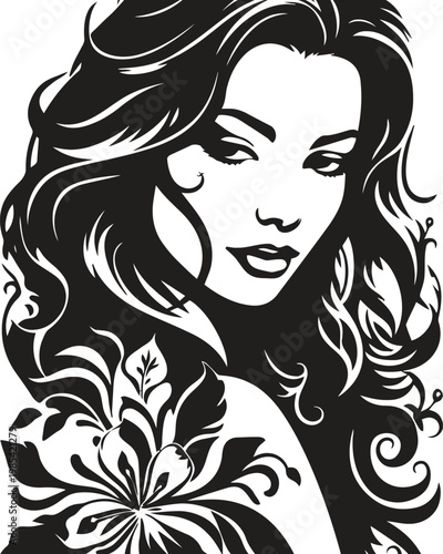 Stylized black and white portrait illustration of a woman with long wavy hair and decorative floral elements perfect for beauty and fashion concepts