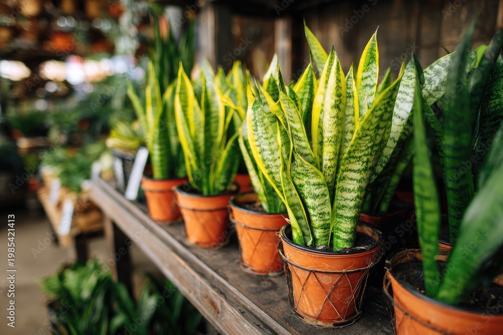 Obraz premium Lush rows of snake plants in terracotta pots on a wooden shelf, displayed at a store