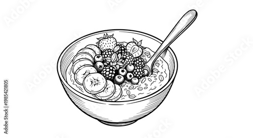 Detailed black and white illustration of a bowl filled with creamy oatmeal topped with an assortment of fresh fruit including bananas and berries, with a spoon