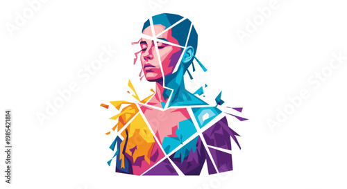 Vibrant abstract illustration of a person with colorful geometric fragments, depicting skin peeling effect on a white background