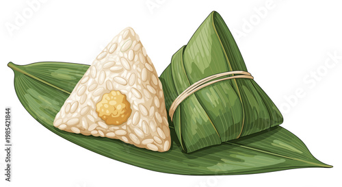 Illustration of traditional rice dumplings, one wrapped in a leaf and the other exposed, resting on a green leaf with a white background