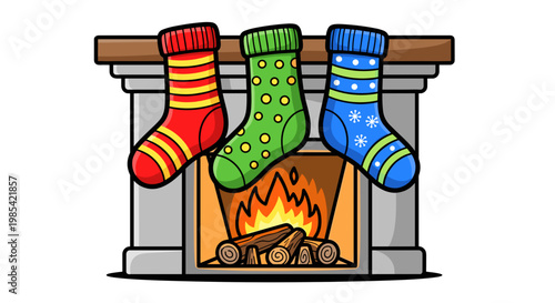 Colorful warm socks with stripes and polka dots hanging above a cozy fireplace with a crackling fire in a cartoon illustration style