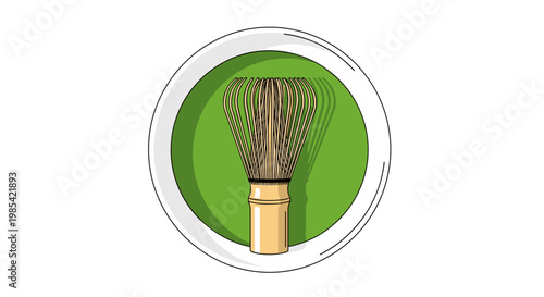Illustration of a traditional bamboo whisk for preparing matcha tea, centered in a white circle with a vibrant green background, emphasizing the whisked tea process