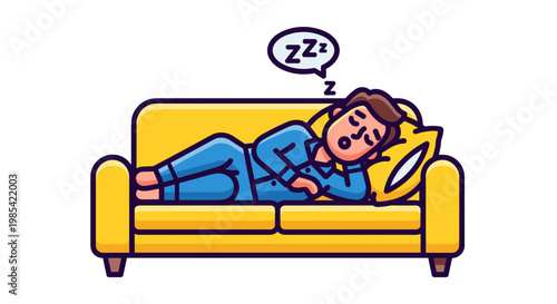 Illustration of a man sleeping peacefully on a bright yellow couch with a pillow, wearing blue pajamas, cartoon style, white background