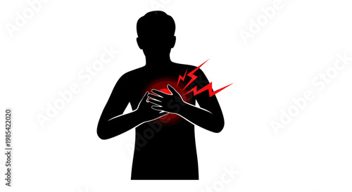 Silhouette of a man clutching his chest in pain with red lightning bolts on a white background, symbolizing heartache or medical emergency