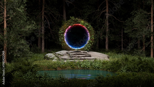 Light circle portal appears in the forest among trees. It reflects on the water nearby. Stone steps lead to the circle. scene is dark and illuminated by colorful light. 3d render