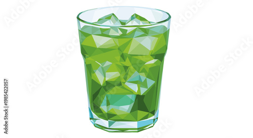 Polygonal illustration of a refreshing iced green tea in a transparent cup with geometric ice cubes, set against a clean white background