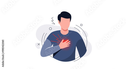 Illustration of man clutching chest in pain with abstract background, wearing dark blue shirt, expressing distress and discomfort in a minimalist style