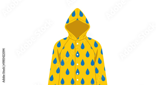 Bright yellow raincoat with blue raindrop pattern on a white background, showcasing vibrant colors and whimsical design, raindrops