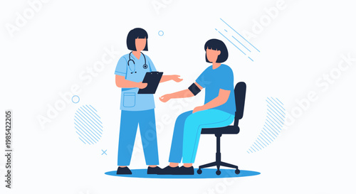 Medical, healthcare illustration, doctor, nurse, patient, blood pressure check, medical professional, blue uniform, sitting, clipboard, health checkup, vector graphics