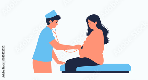 Pregnancy checkup, doctor examining pregnant woman, fetal heartbeat, medical vector illustration, healthcare concept