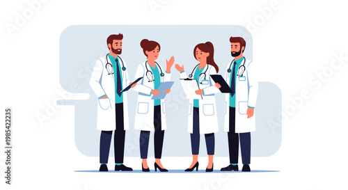 Medical professionals, doctors, healthcare workers, team, collaboration, white lab coats, blue scrubs, vector icons
