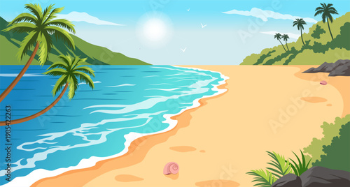 Beach with palm trees, calm sea and sun in cartoon style on sky backdrop, concept of tropical relaxation. Vector illustration