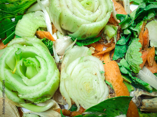 Close-up of Organic Vegetable Scraps and Kitchen Waste for Composting – Concept of Zero Waste, Sustainability, and Eco-Friendly Organic Recycling with Bok Choy and Carrot Peels