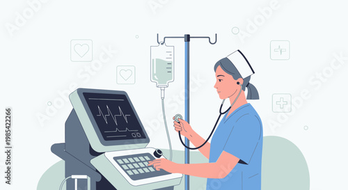 Medical, healthcare, hospital, doctor, nurse, patient monitoring, blue scrubs, medical equipment, vector illustration