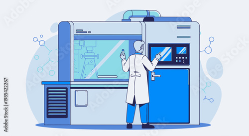 Laboratory equipment, scientist working, blue medical device, biotechnology research, lab technician