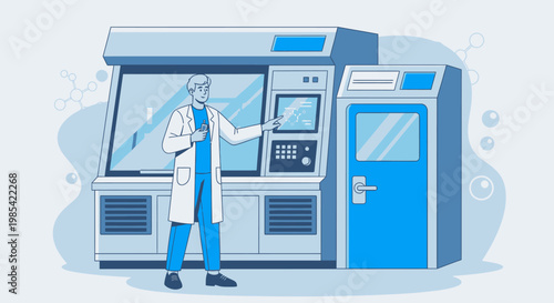 Scientist in lab coat interacting with futuristic vending machine, blue and gray illustration, vector graphics, medical technology concept, healthcare innovation
