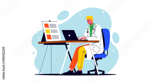 Doctor, medical professional, sitting, laptop, office, vector illustration, healthcare worker, lab coat, desk, computer, modern, flat design, colorful, business, medicine