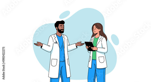Medical professionals, doctor and nurse, discussing health, tablet computer, white lab coats, blue scrubs, cartoon style, vector illustration, healthcare workers, medical team, clinic, hospital