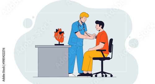 Medical consultation, doctor patient, healthcare vector, orange uniform, blue scrubs, medical office