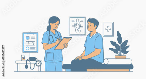 Medical, healthcare, doctor, patient, clinic, vector illustration, blue, minimalistic, medical consultation, examination, healthcare professional