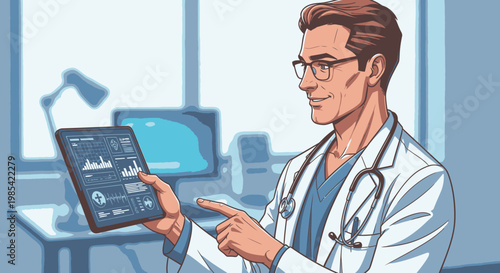 Doctor, male doctor, medical professional, stethoscope, tablet, healthcare, blue interior, cartoon, vector illustration