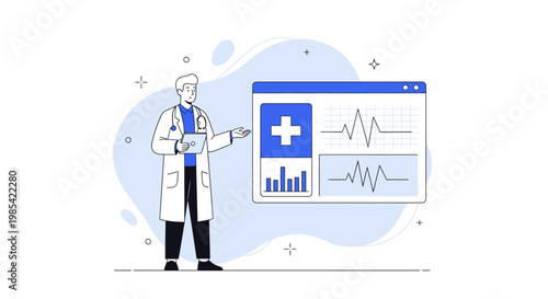 Medical professional, doctor presenting, healthcare data, blue and white illustration, vector graphics, medical app, health statistics, clinical analysis