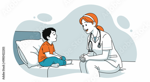 Medical, healthcare, doctor, patient, kid, cartoon, vector illustration, sick child, female nurse, hospital, pediatrics, care, compassion, consultation, health, wellness, medicine, nurse, doctor