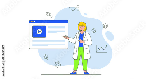 Flat design woman developer, web browser interface, coding symbols, modern software engineer, colorful illustration