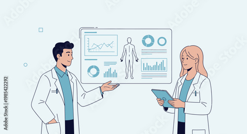 Medical professionals, doctors discussing health data, analytics, and research, white lab coats, infographic, vector illustration
